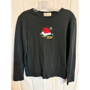 MC Sportswear Black Long Sleeve Christmas Santa Hat Better‎ Not Pout Size L